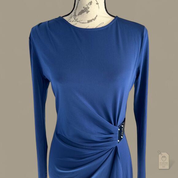 Michael Kors | Blue Long Sleeve Draped Stretch Dress - M - Picture 3 of 8